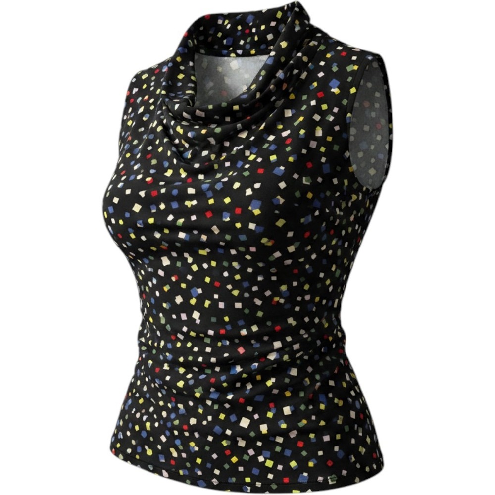 Anne Klein Black Confetti Square Print Sleeveless Mock‎ Neck V-Neck Blouse Top